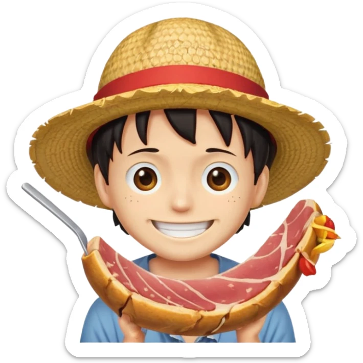 An emoji of luffy in a straw hat in one piece eating meat and laughing.  sticker