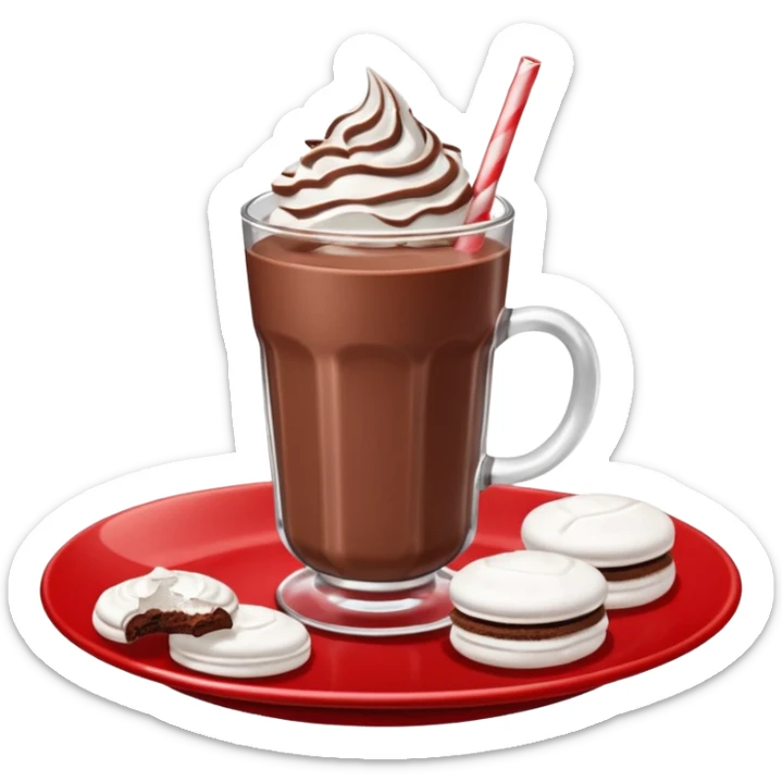 A glass of chocolate milk sits on a red saucer surrounded by chocolate cookies and sugar meringues. sticker