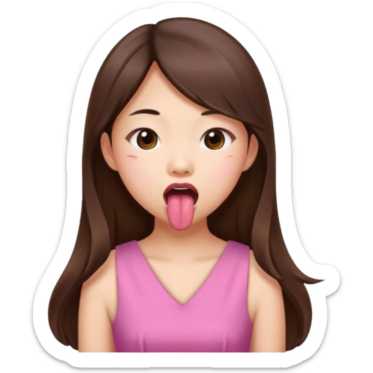 asian girl with long brown hair and fair skin wearing pink dress sticking tongue out sticker