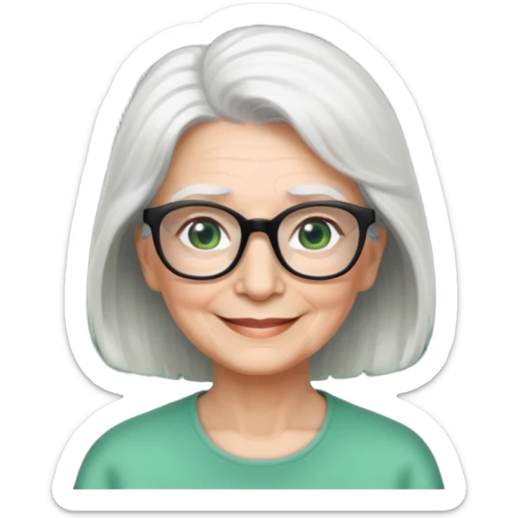 White hair grandma, green eyes, hair to shoulder, lokeg black glasses, rectangles face, smile , sticker