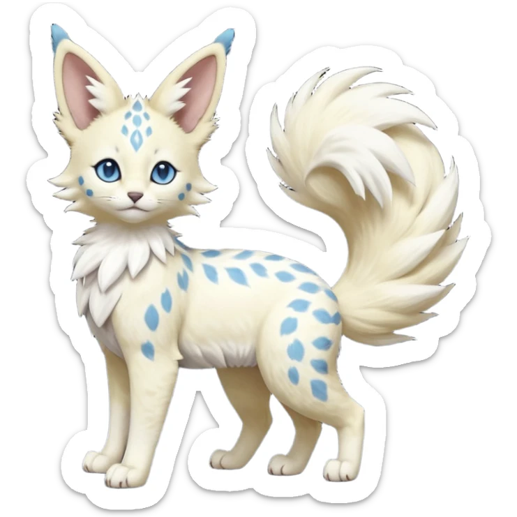 Albino-white, blue-eyed soft natural realistic romantic vintage antique divine beautiful elegant pretty precious cute young youthful  Fakémon-Pokémon-feline-Zeraora-Jolteon-serval-caracal-chinchilla-Minccino-Cinccino-Meowstic-rodent-hybrid-creature with a big fluffy bushy tail (full body) sticker