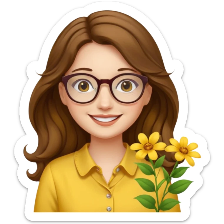 girl with a yellow blouse with flowers, with hair long hair in waves with glasses smiling sticker