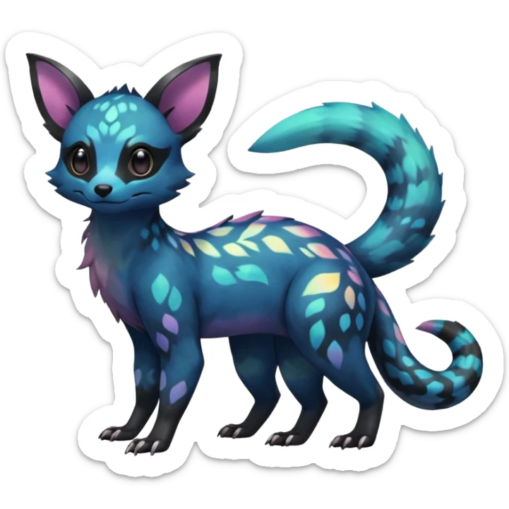 Rare exotic cute epic aesthetic colorful Salandit-Eevee-Civet-species-Fakemon-hybrid-creature, with markings, full body sticker