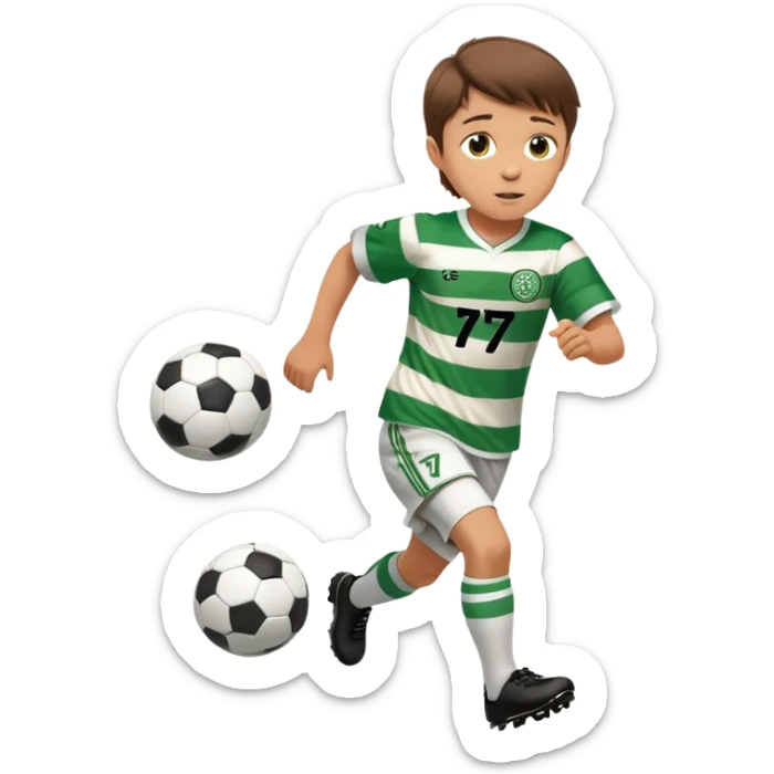 Celtic footballer jersey logo  6 years old brown hair white boy , stripes uniform , RUNNING  with soccer ball # 17 celtic football logo PUT ONLY ONE LOGO sticker