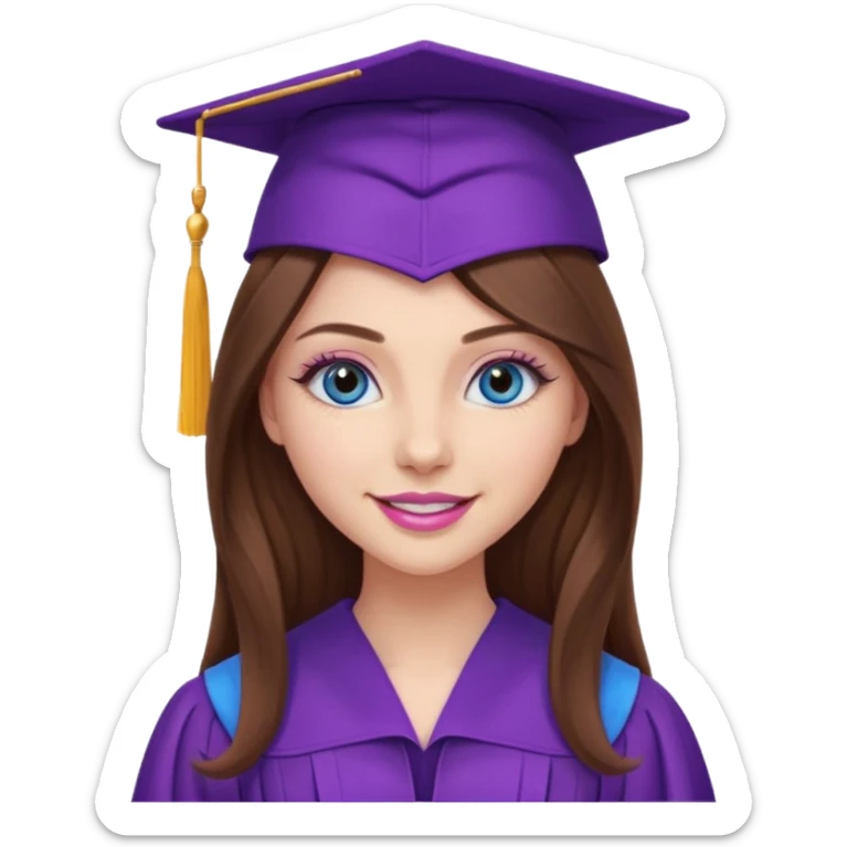 girl with gorgeous long brown hair, blue eyes, long lashes makeup, sexy pink lips, wearing a purple graduation cap and gown sticker