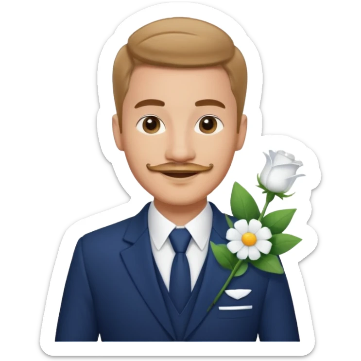 Homme 23 ans léger bouc moustache pas trop épaisse en costume bleu foncé chemise blanche insigne cabin crew portant bouquet fleur blanche souriant  sticker