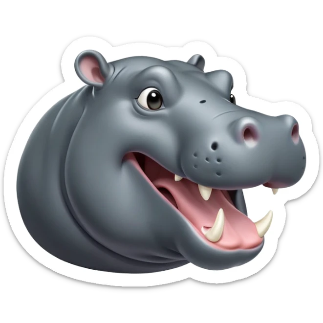 cinematic-noble-yawning hippo-portrait-emoji,-poised-and-regal,-with-a-massive,-robust-build-and-a-smooth,-sleek-slate-gray-hide,-deep-set-soulful-eyes,-simplified-yet-sharp-and-sophisticated-features,-highly-detailed,-glowing-with-a-soft radiance sticker