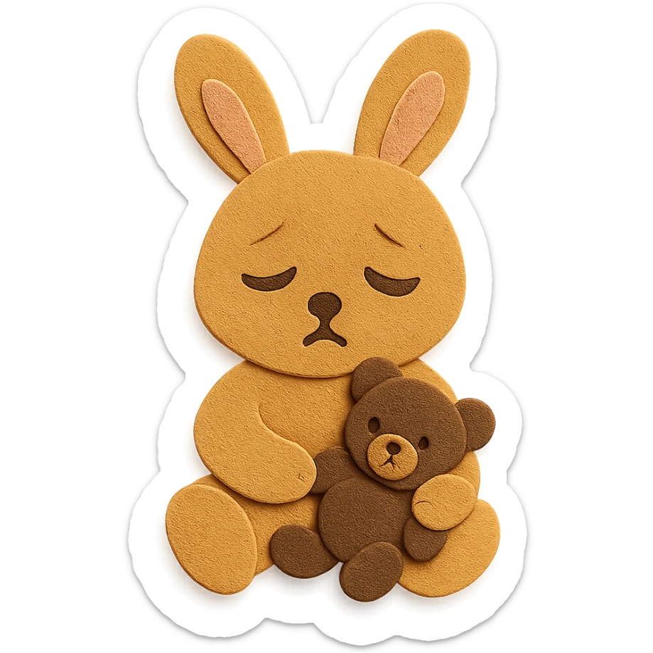 flawless, highly detailed, high quality paper craft style illustration of a caramel-colored bunny holding a teddy bear, eyes drooping, perfect proportions, no imperfections, intricate textures, soft lighting, delicate cut-paper details sticker