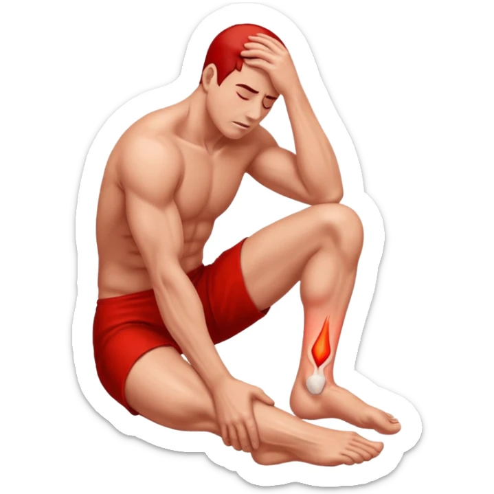 Man holding his foot in pain, muscle cramp in feet, red pain highlight on foot, simple medical emoji style, clean background sticker