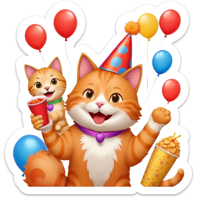 cat laughing with friends, surrounded by balloons and snacks, college party scene sticker