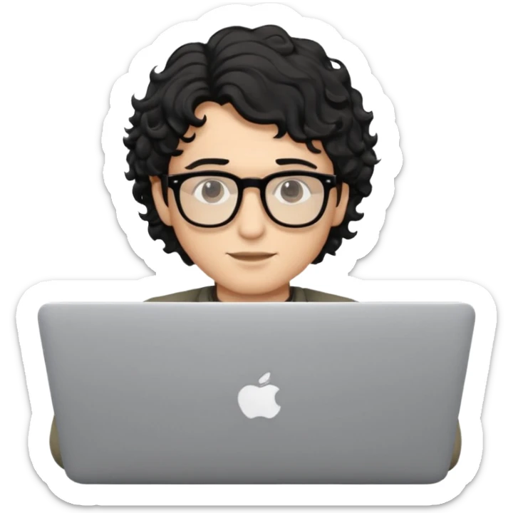 guy with wavy kinda curly black hair and light-to-medium skin tone like latino and glasses, with a macbook sticker