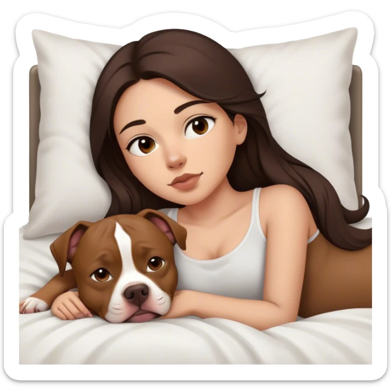Girl long dark brown hair in layers cascading  down her face lays bed with her cell phone and her brown pit bull lays guarding her sticker