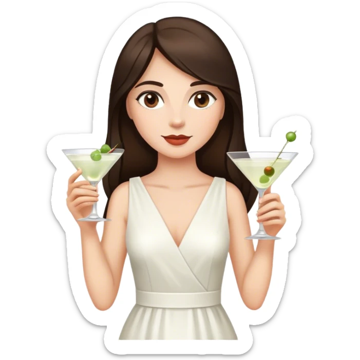 Beautiful woman in 1950’s woman fashion look, white dress, long dark brown hair, martini  sticker