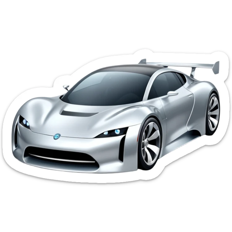 A low-profile futuristic car emoji made of polished silver chrome, wide body stance, smooth aerodynamic shape, glossy metallic surface, soft reflections, luxury swag aesthetic, minimal details, iOS emoji style, centered on clean white background, studio lighting sticker