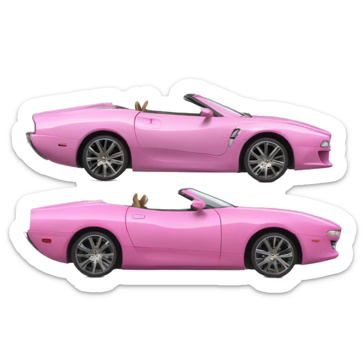 glamorous pink sports car, sphinx at the wheel, wolfhound on top of the car sticker