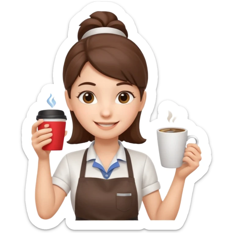cute barista portrait, head and shoulders only, wearing apron, coffee shop uniform, friendly smile, holding a small coffee cup, 3D cartoon, mobile game icon style, clean background, no text, no watermark
 sticker