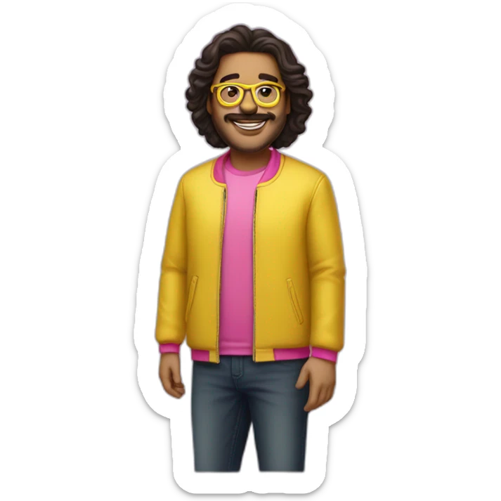 plus-sized man with dark hair,a vibrant long yellow jacket, pink glasses. Show full lenght peson sticker