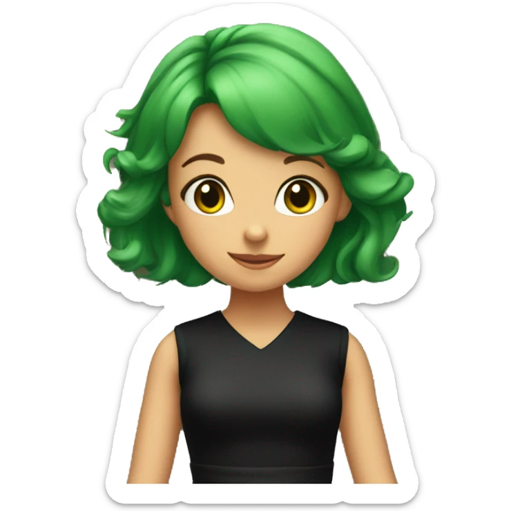 girl in black dress doorway with green hair sticker