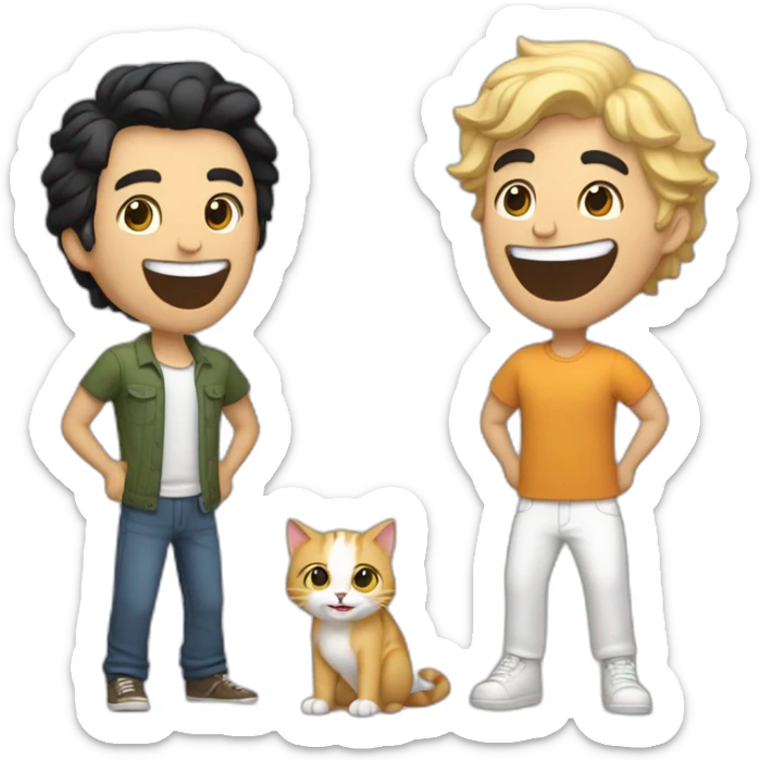 Gay couple, 1 guy Latino black straight hair and 1 Australian white guy with blonde slightly curly hair laughing full body and a cat in the middle sticker