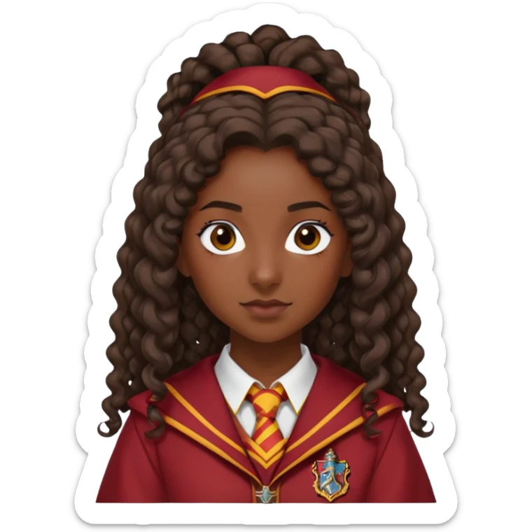 Alicia Spinnet in harry potter, wear hogwarts gryfindor uniform, long, dark, curly ponytail hair, dark skin sticker