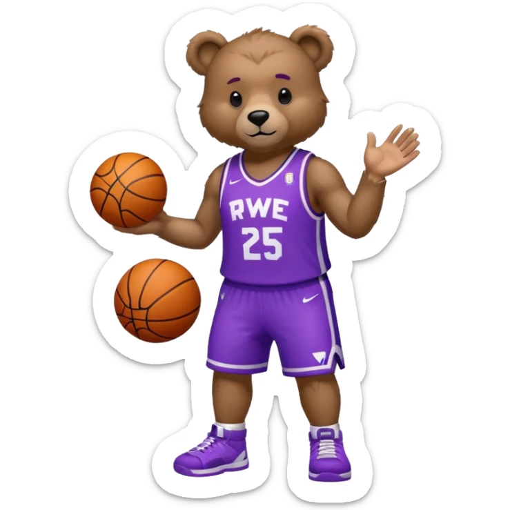 Bear with full body and wearing basketball white and purple jersey that says RWE  sticker