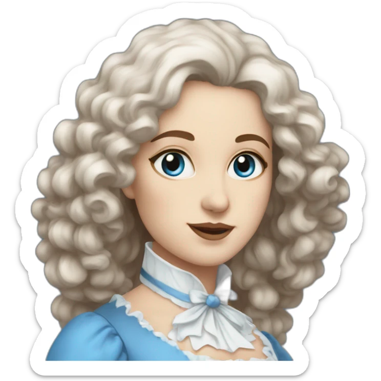 woman in 18th century, blue eyes, brown medium wavy hair, blue white costume sticker