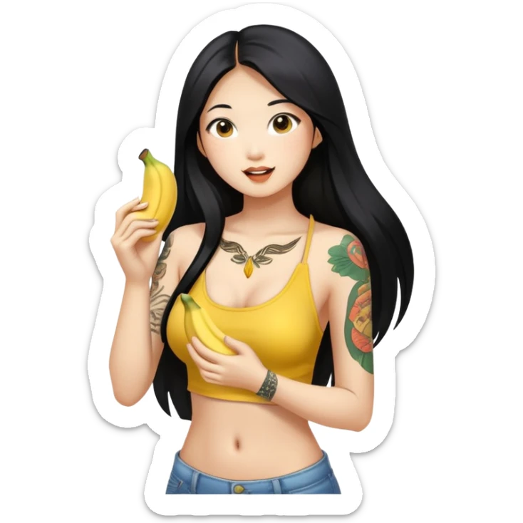 Beautiful Asian girl with long black hair and body tattoos eating a banana sfw sticker