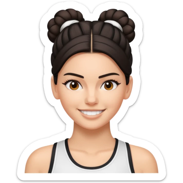 Kendall Jenner as an emoji, sporty style, hair in a bun, athletic wear, confident smile sticker