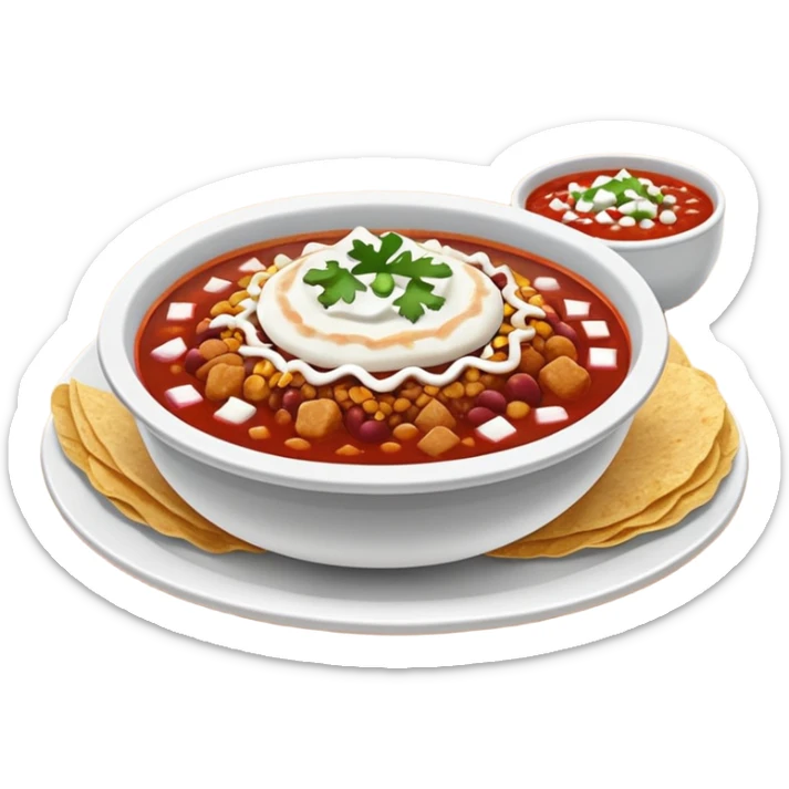 a hot bowl of pozole with a side of tostada with sour cream and red salsa sticker