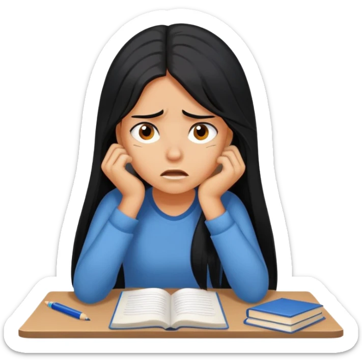 Pretty tanned girl with long black hair, stressed out about homework sticker