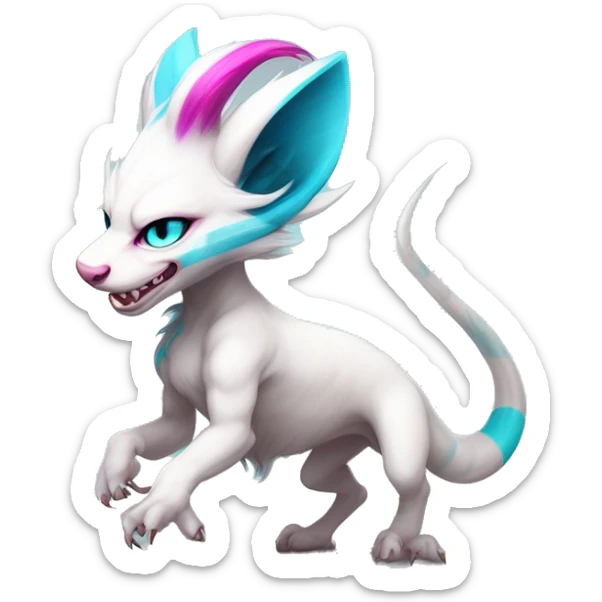 White elegant beautiful natural cute badass epic anthro modern albino Trico-vernid-Fakémon with cyan mane and magenta eyes with cyan edgy stripes, anthropomorphic, two-legged, digitigrade, full body sticker