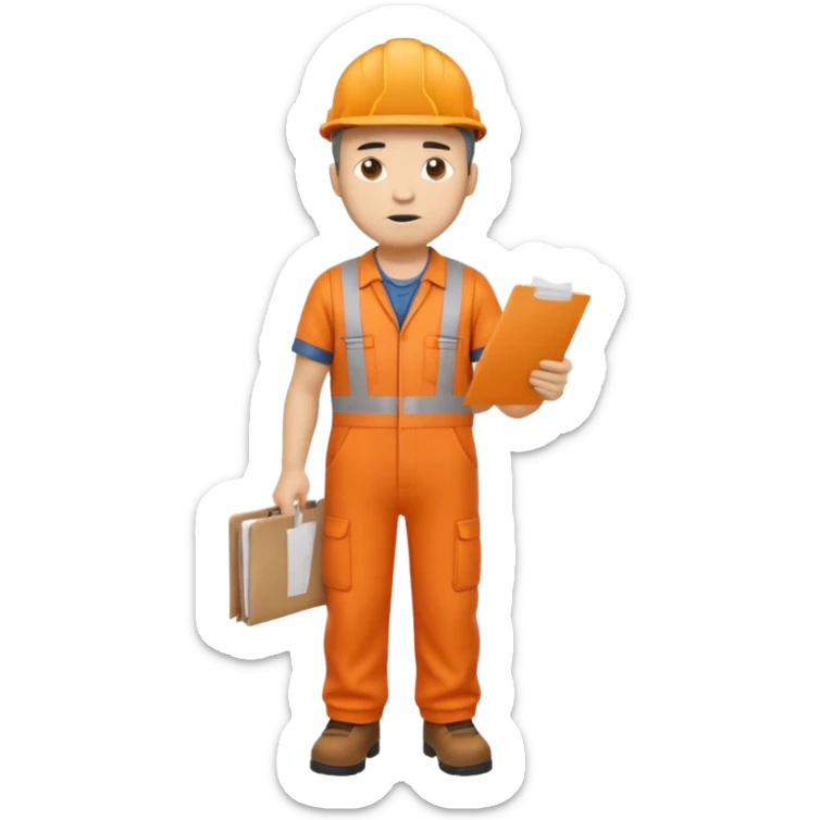 railway engineer full body in orange overalls, carrying one piece of paper with both hands in front of him sticker