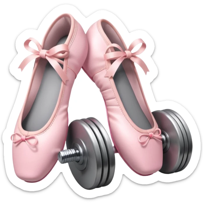 A high-quality 3D icon of pink ballet shoes next to a grey dumbbell. Soft studio lighting, cute and glossy texture. sticker