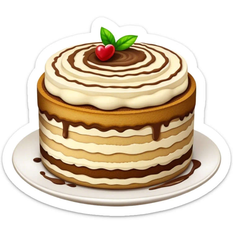 Tiramisu Cinematic Realistic Tiramisu Dessert Emoji, depicted as a delightfully messy, layered tiramisu with coffee-soaked sponge and mascarpone cream, rendered with rich textures and warm, indulgent lighting. sticker