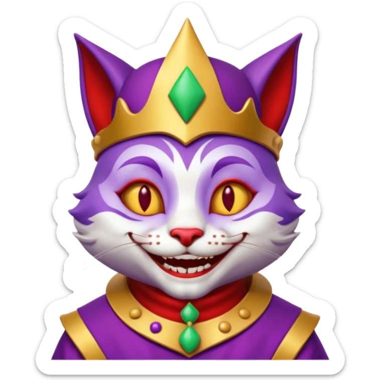 crazy colorful cute little cat jolly joker from poker, medieval, vintage, court jester, mac os icon, purple, gold and red color, half body. Squared shape as 3D mac os icon sticker