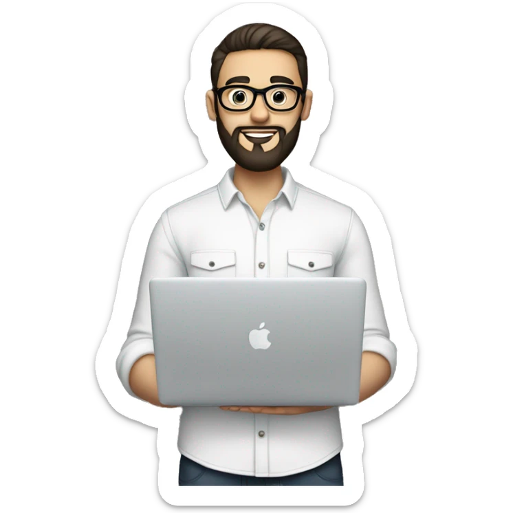 Emoji man with beard holding macbook in hands wearing glasses and shirt, profession - graphic designer. Features: white skin, full body type, dark hair, age 21 years, earring in left ear sticker