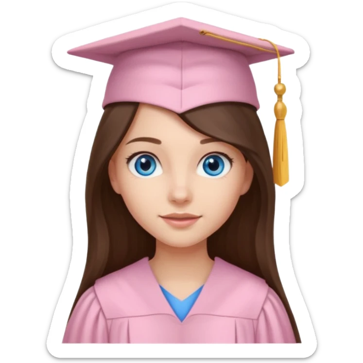 young brunette girl long hair, blue eyes and light pink gown and cap university graduate sticker