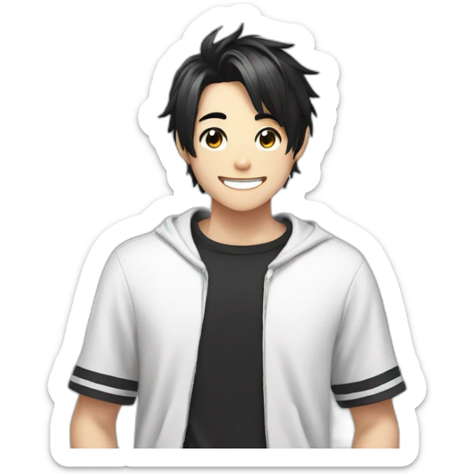 anime boy cartoon smiling with black haircut and black and white t shirt sticker