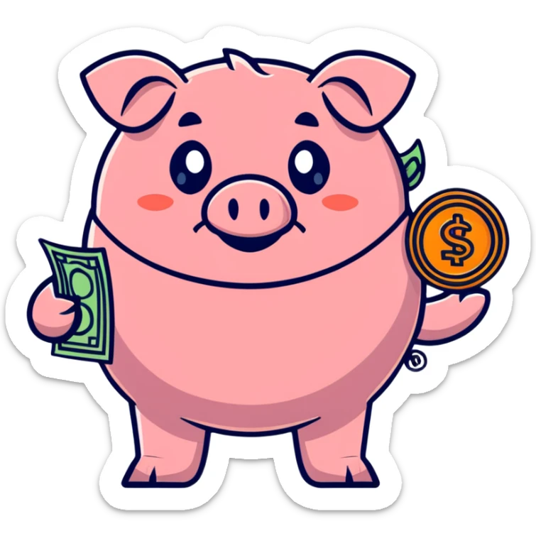 cute penny coin mascot with arms and legs, holding a piggy bank, financial advisor character sticker