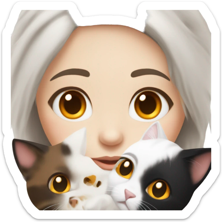 Brunette girl with brown eyes, white skin and holding a tricolor cat with black, white and orange furry. Cat hairs are black in one side of its face and orange in the other side of its face. sticker