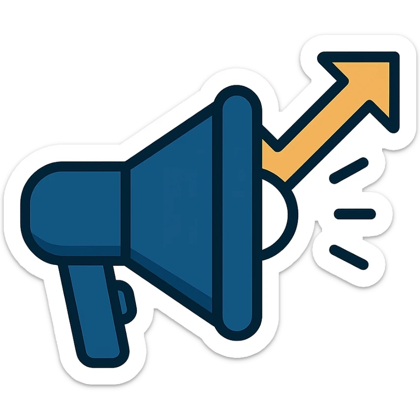 clean minimalist icon for advocacy consulting firm, stylized megaphone with rising arrow, navy blue white gold accents, symbolizes empowerment influence positive change sticker