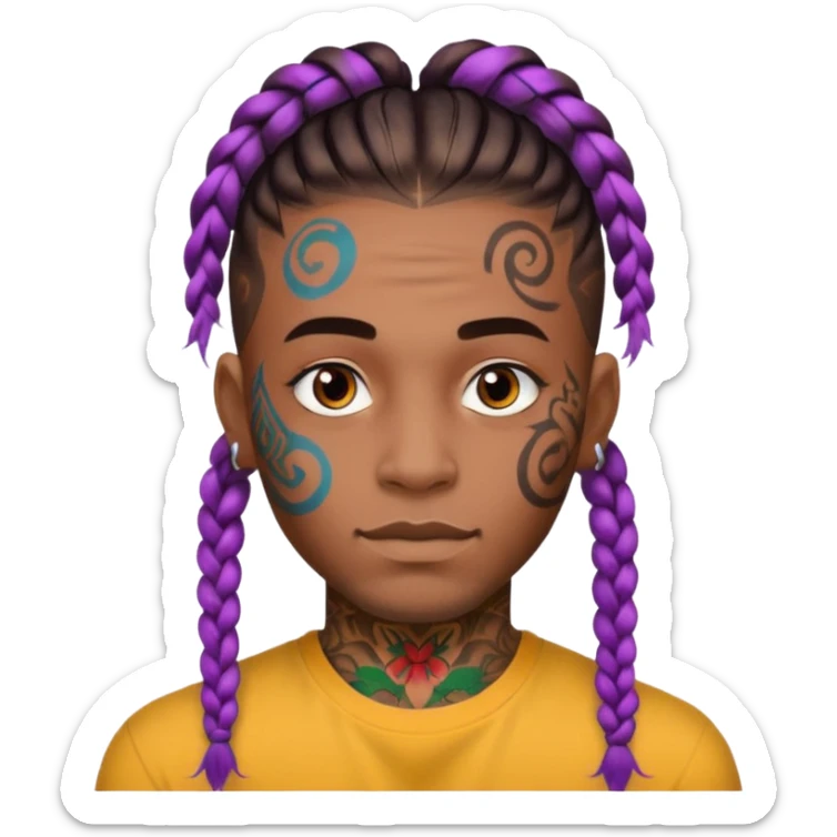 big lose braids starting from the top of the head man with mustache face wiith big visible braids and lots and lots of colored face tattoos colored tattoos like a tattoo artist hair unique color sticker