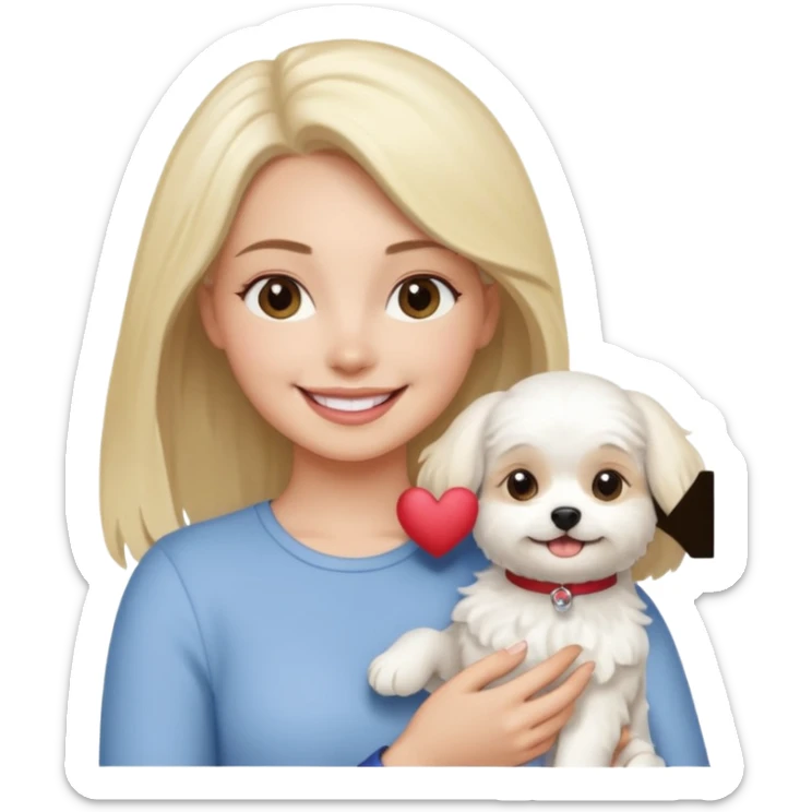 brunette woman and blonde long haired woman holding Maltese dog sticker