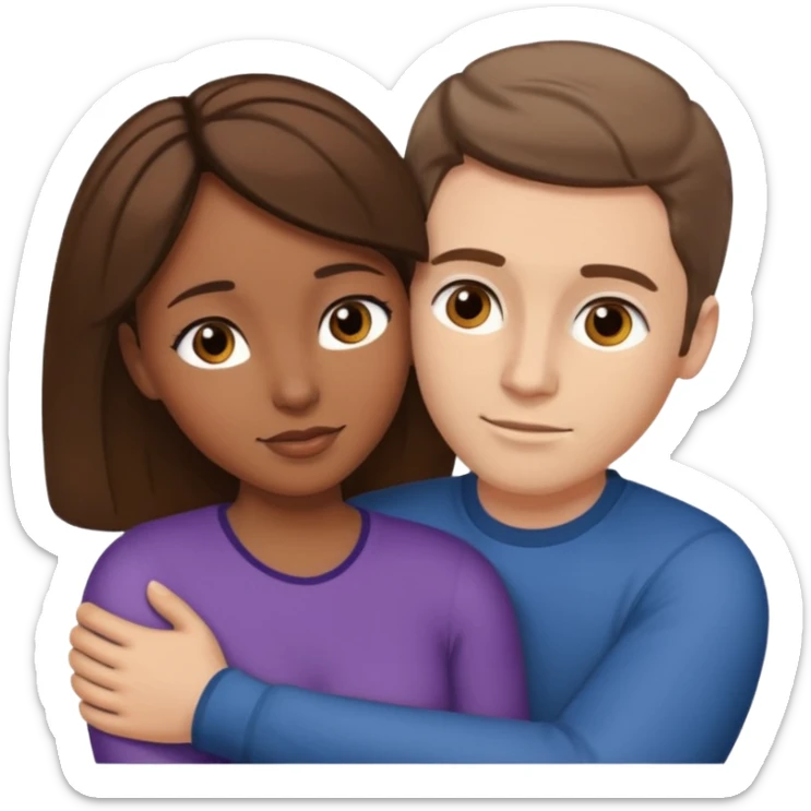 Couple embracing with arms around each other; black woman with brown eyes and brown hair, white man with brown hair  sticker