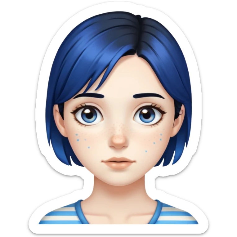 Pale girl with freckles and brown eyes, black hair, with two strips of blue hair sticker