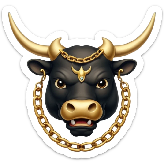 The emoji is an angry black powerful bull with steam coming out of its nose and a gold chain hanging from its neck with the inscription "bull run" sticker