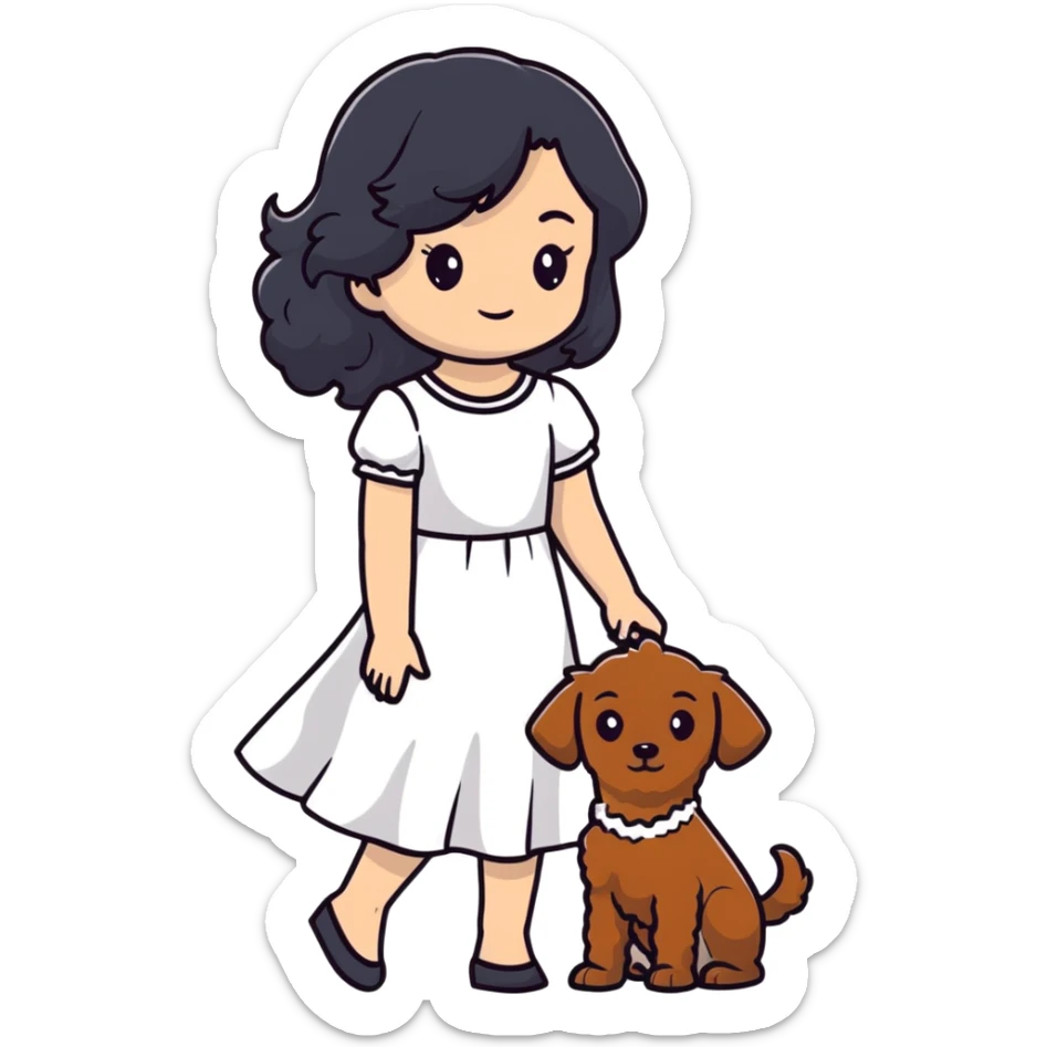 beautiful girl with long black hair in a white dress holding a small brown curly-haired dog sticker