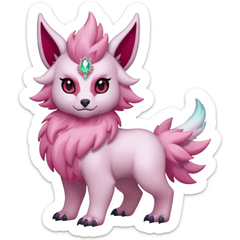 Floral pastel pink-furred, and ruby-jewelry-adorned Absol-Amaura-fusion-Fakemon-animal-creature  sticker