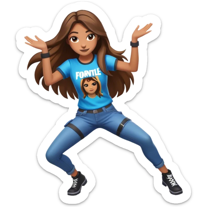 Girl with long brown hair dancing with Fortnite shirt sticker