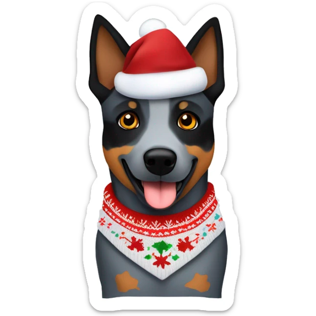 Queensland blue heeler with black and brown patch on one side of face in a Christmas sweater  sticker